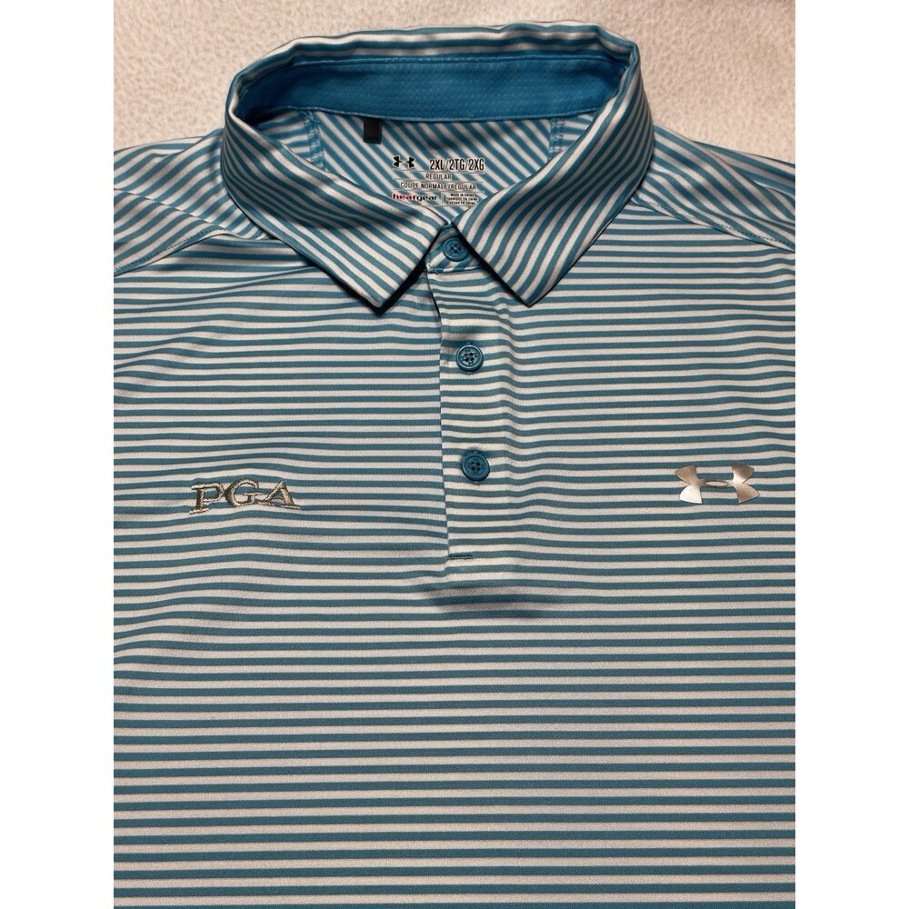 PGA Under Armour Golf Polo Shirt Mens XXL 2XL Blue Striped HeatGear Coldblack - Picture 1 of 10